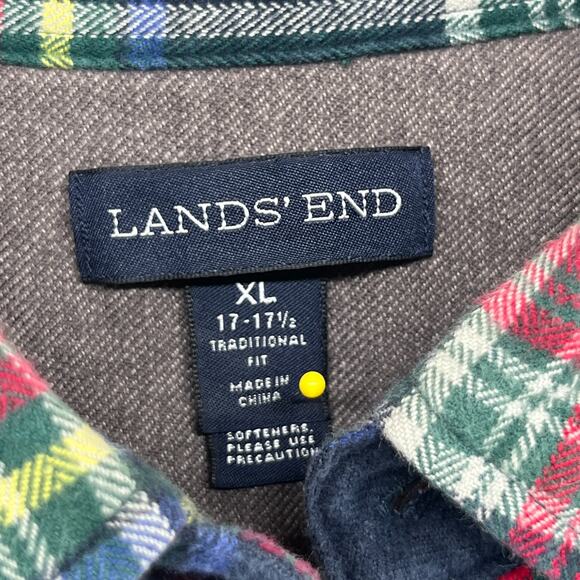 LANDS END Shirt Mens XL 17-17.5 Plaid Traditional Fit Flannel Button Down Blue - Picture 5 of 14